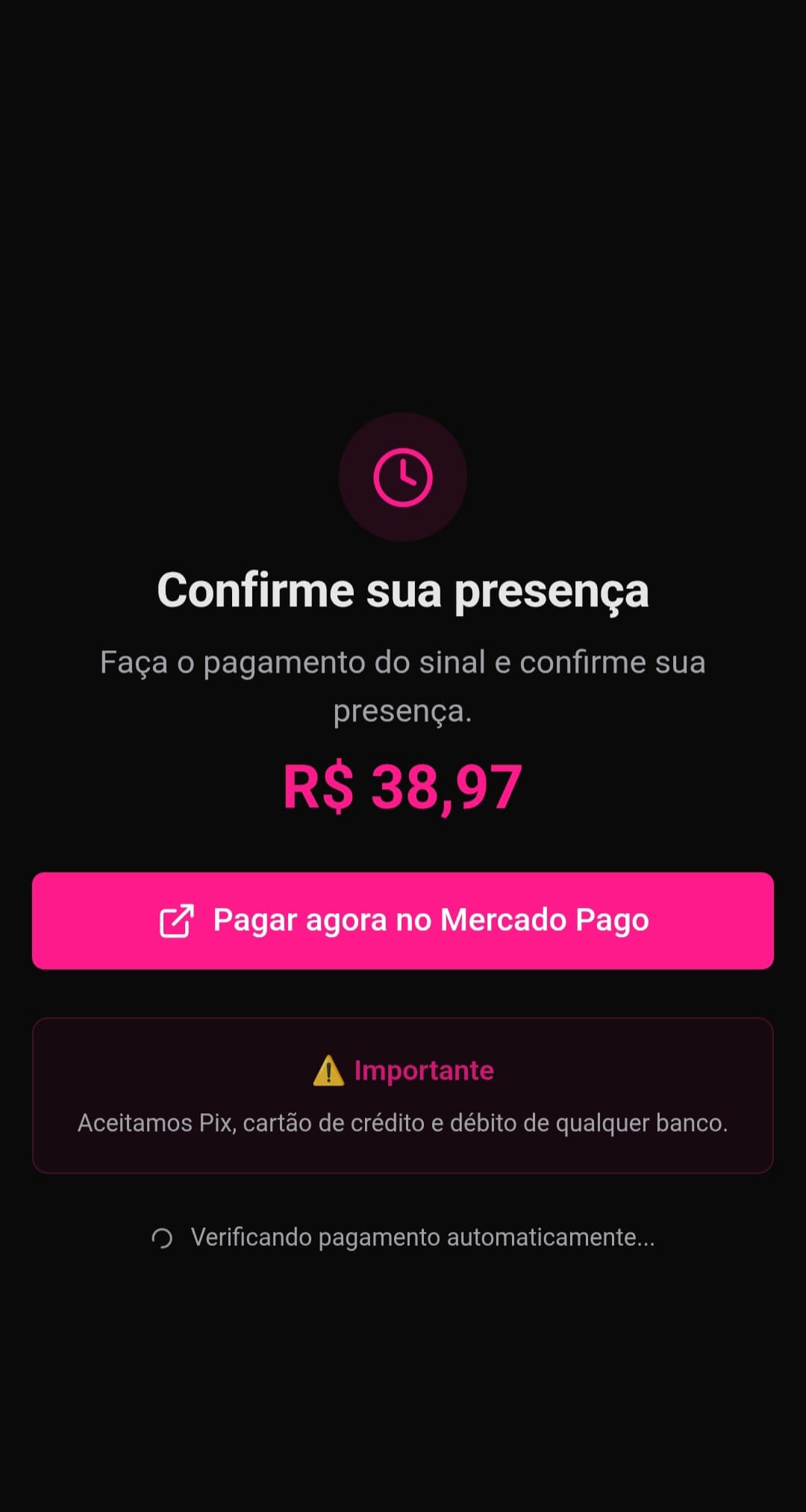 Tela de pagamento do sinal