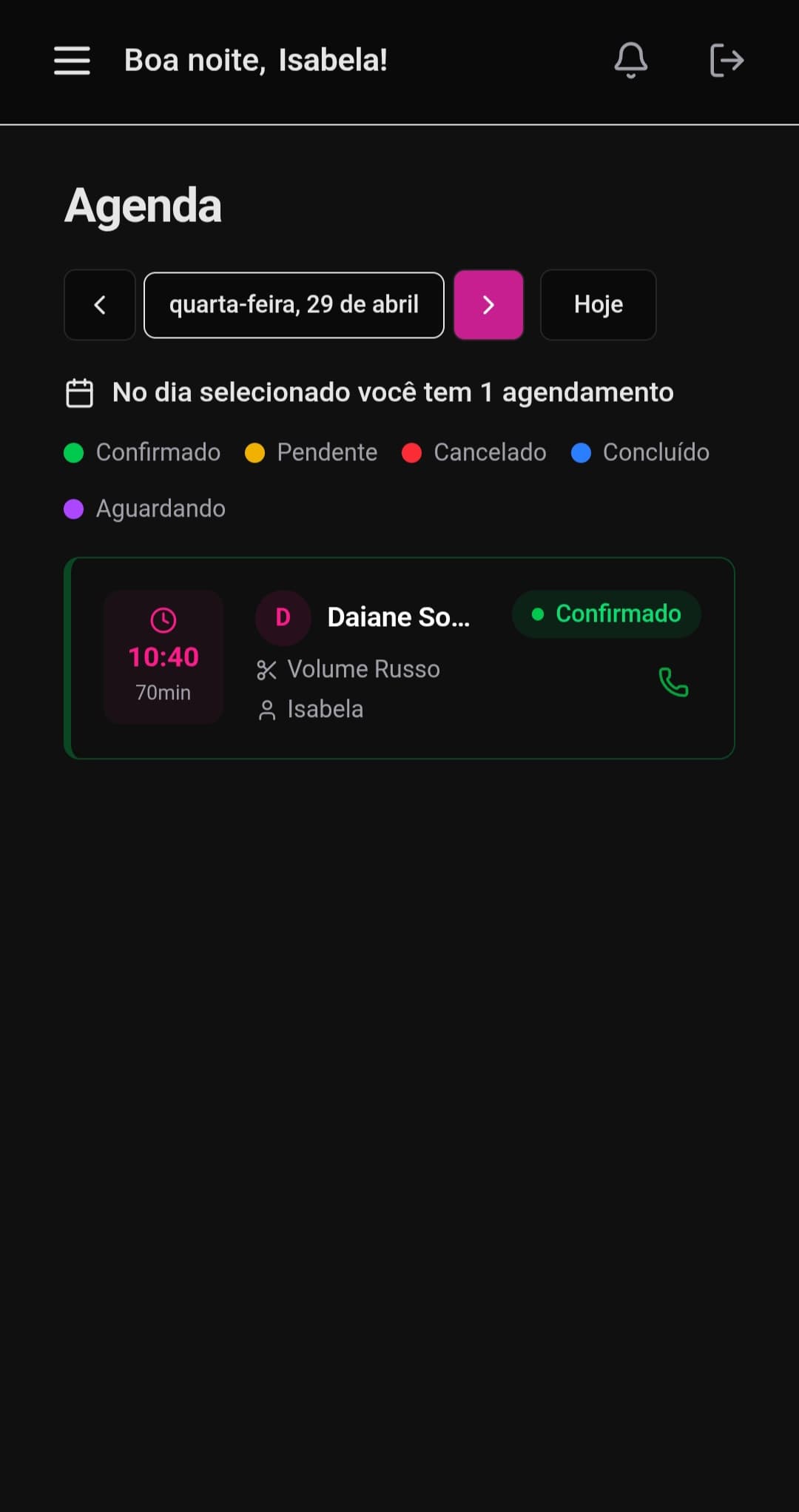 Dashboard com agendamento confirmado